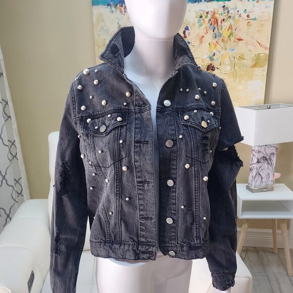 TINSEL Women’s Distressed Black Denim Jacket with Pearl Accents - Size S - Picture 9 of 12